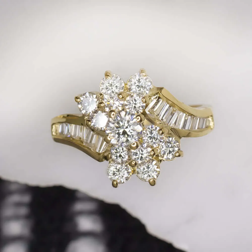 1.35ct F-G VVS-VS DIAMOND COCKTAIL RING 18K YELLOW GOLD CLUSTER NATURAL ESTATE