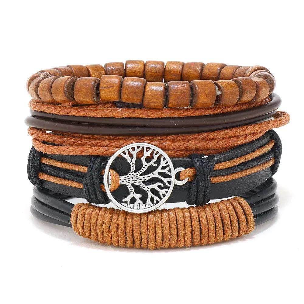 4Pcs/ Set Braided Wrap Leather Bracelets for Men Vintage Life Tree Rudder Charm Wood Beads Ethnic Tribal Wristband Rope Bracelet