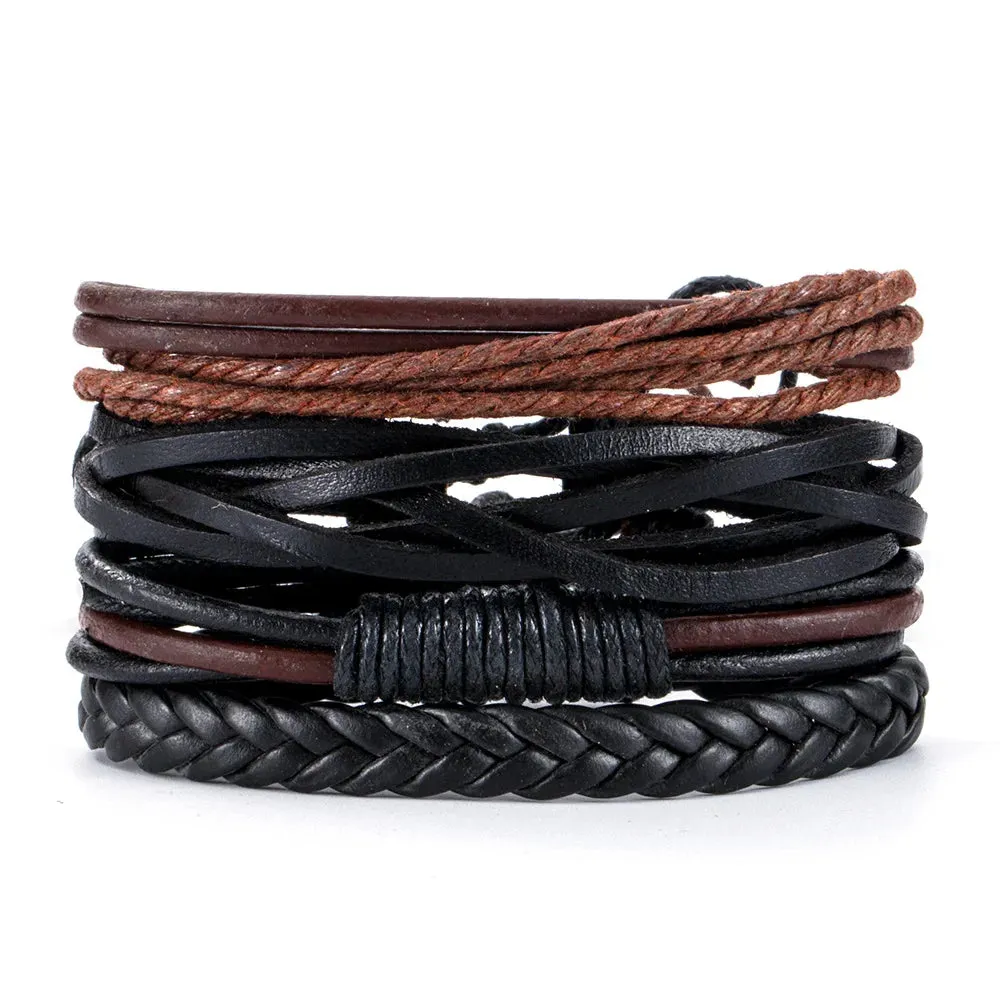 4Pcs/ Set Braided Wrap Leather Bracelets for Men Vintage Life Tree Rudder Charm Wood Beads Ethnic Tribal Wristband Rope Bracelet