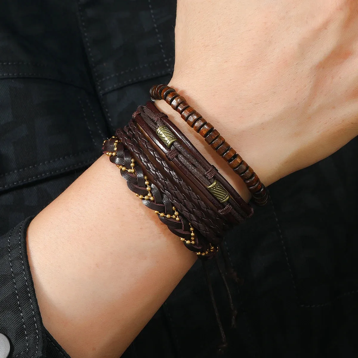 4Pcs/ Set Braided Wrap Leather Bracelets for Men Vintage Life Tree Rudder Charm Wood Beads Ethnic Tribal Wristband Rope Bracelet