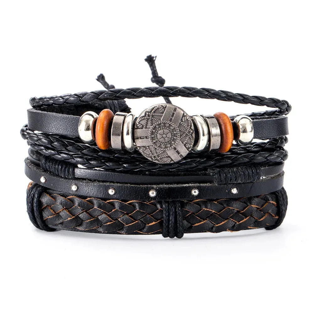 4Pcs/ Set Braided Wrap Leather Bracelets for Men Vintage Life Tree Rudder Charm Wood Beads Ethnic Tribal Wristband Rope Bracelet