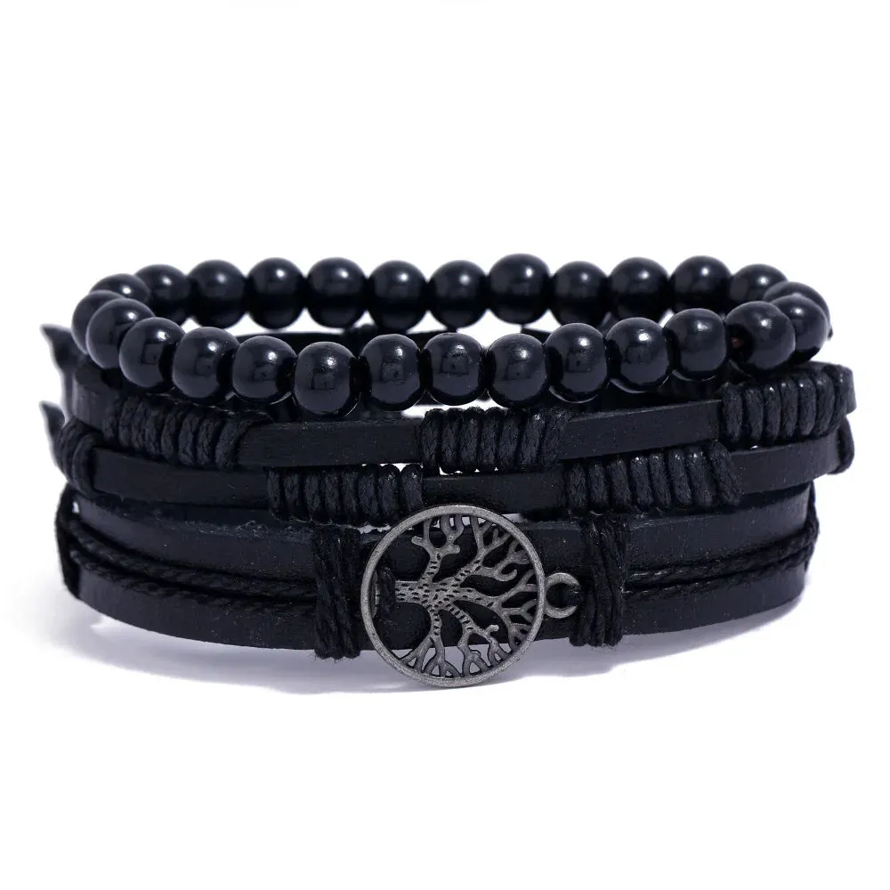 4Pcs/ Set Braided Wrap Leather Bracelets for Men Vintage Life Tree Rudder Charm Wood Beads Ethnic Tribal Wristband Rope Bracelet