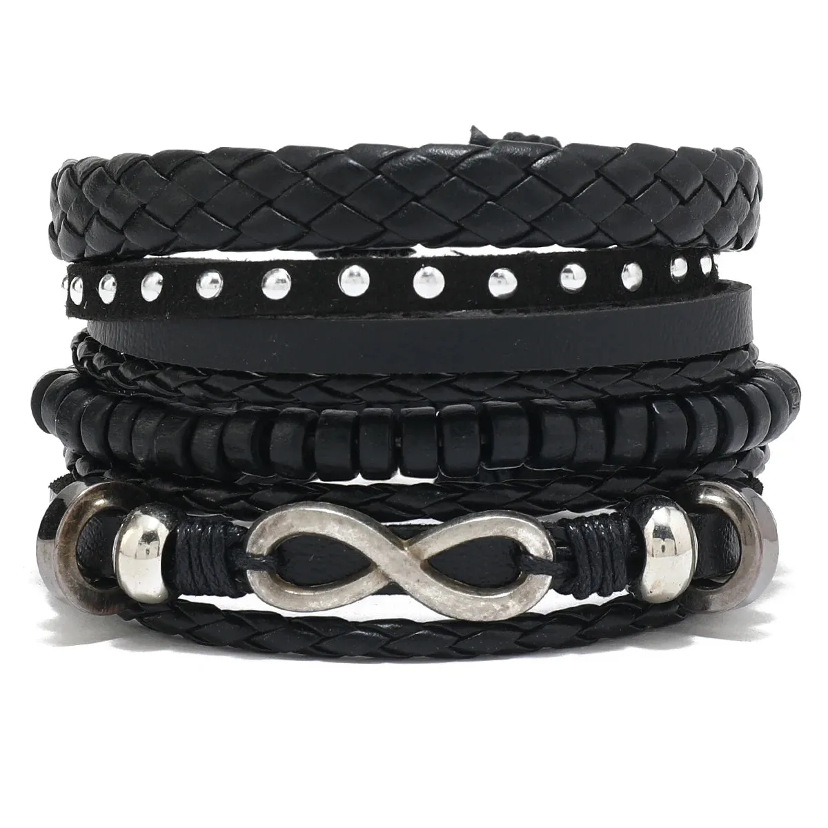 4Pcs/ Set Braided Wrap Leather Bracelets for Men Vintage Life Tree Rudder Charm Wood Beads Ethnic Tribal Wristband Rope Bracelet