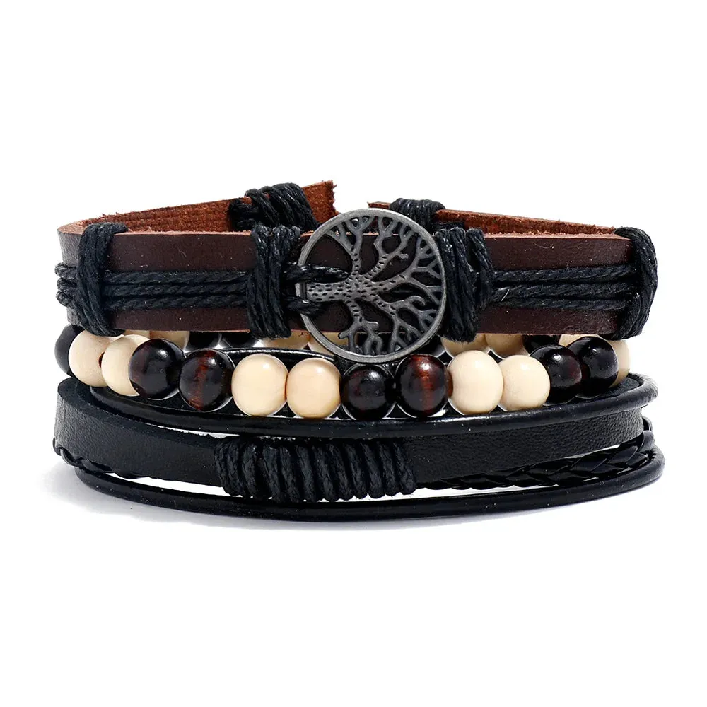 4Pcs/ Set Braided Wrap Leather Bracelets for Men Vintage Life Tree Rudder Charm Wood Beads Ethnic Tribal Wristband Rope Bracelet