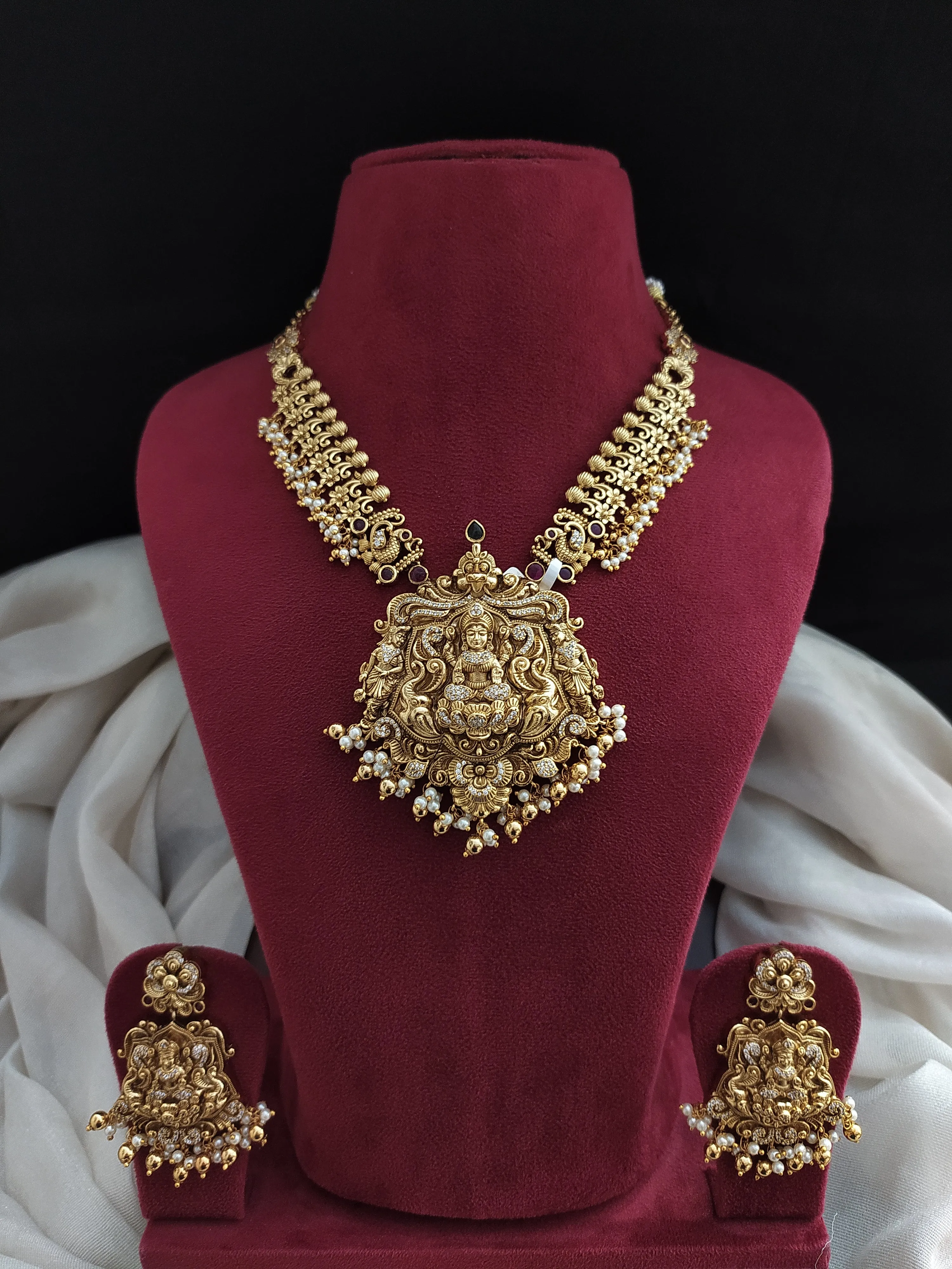 Antique Necklace Set with Peacock and Lakshmi Motif, Floral Design