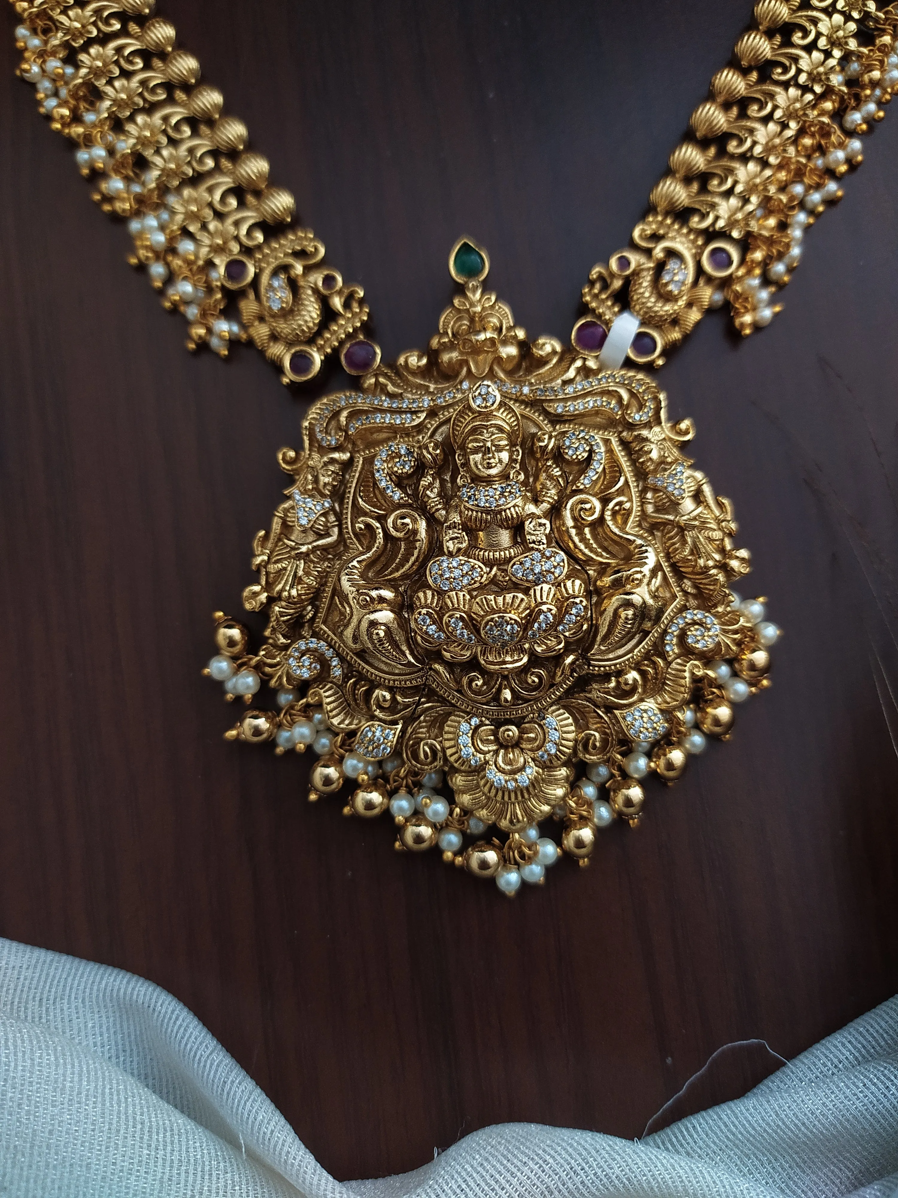 Antique Necklace Set with Peacock and Lakshmi Motif, Floral Design