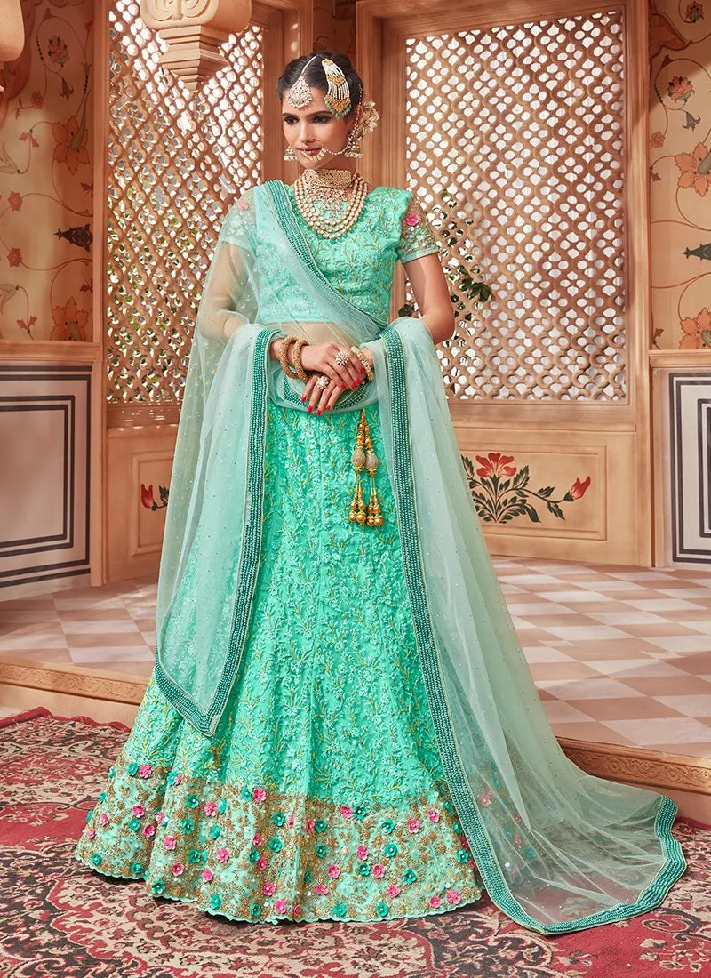 Aqua Blue Overall Embroidered Flared Lehenga Choli Set