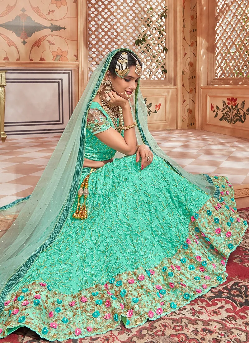 Aqua Blue Overall Embroidered Flared Lehenga Choli Set