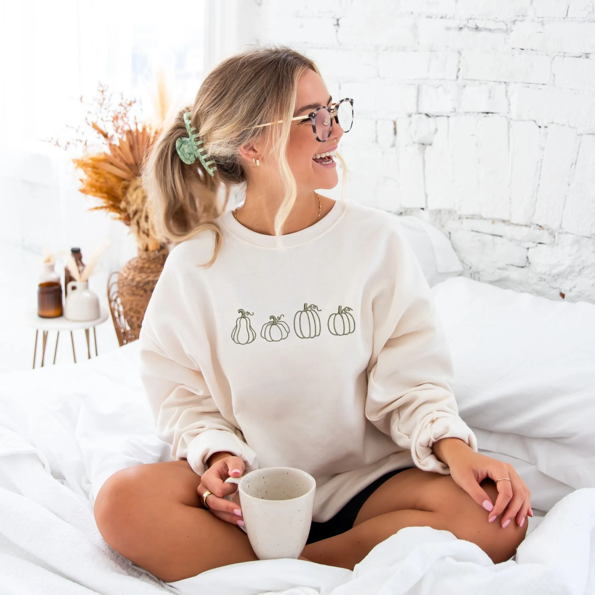 Autumnal Pumpkins Embroidered Crewneck Sweatshirt