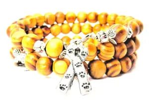 Awareness Ribbon With Paw Prints Natural Wood Wrap Bracelet