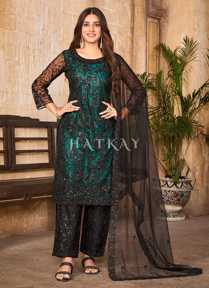 Black And Green Sequence Embroidered Pant Suit