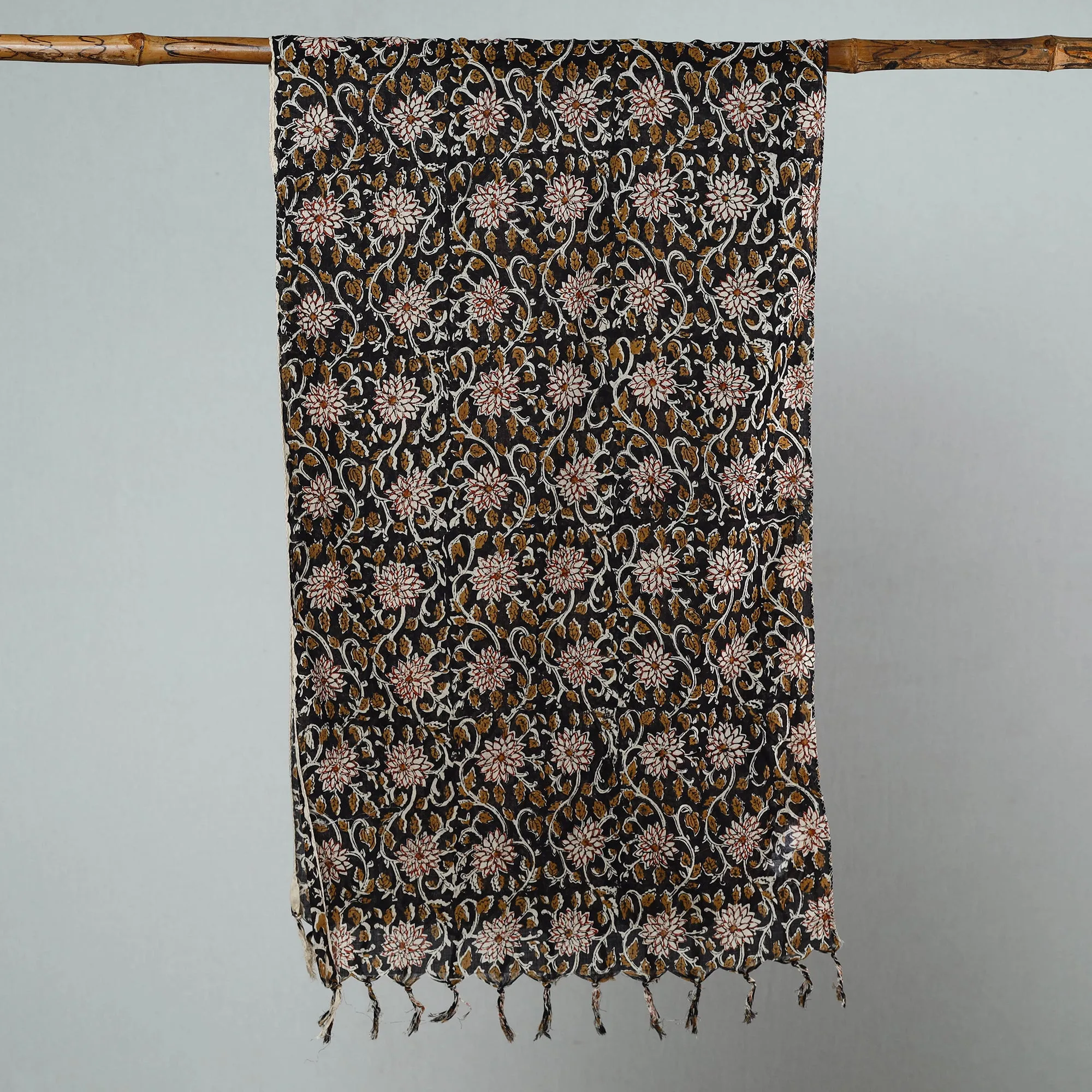 Black - Sanganeri Block Printed Cotton Stole with Tassels 31