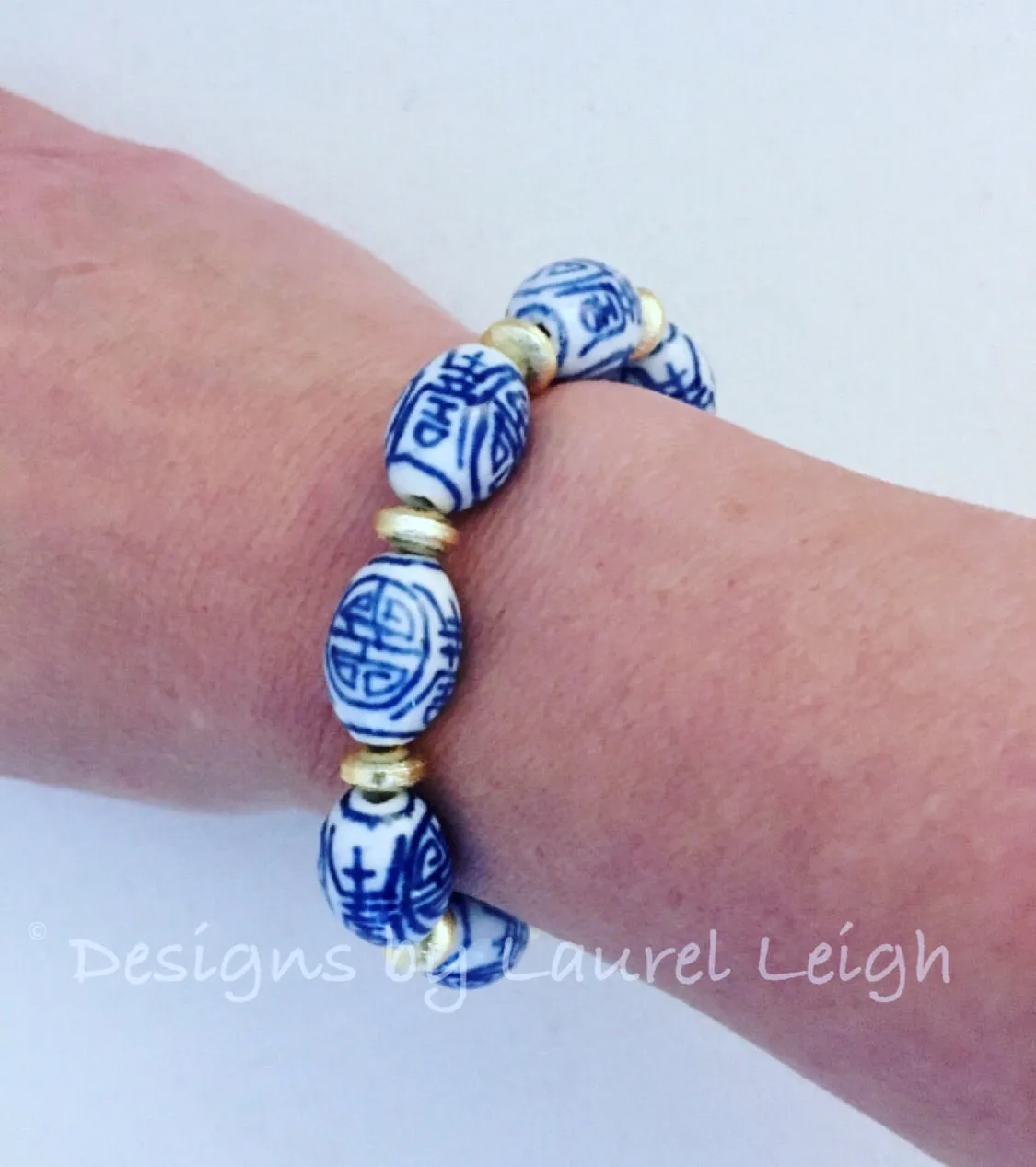 Blue & White Chinoiserie Vintage Oval Bead Bracelet