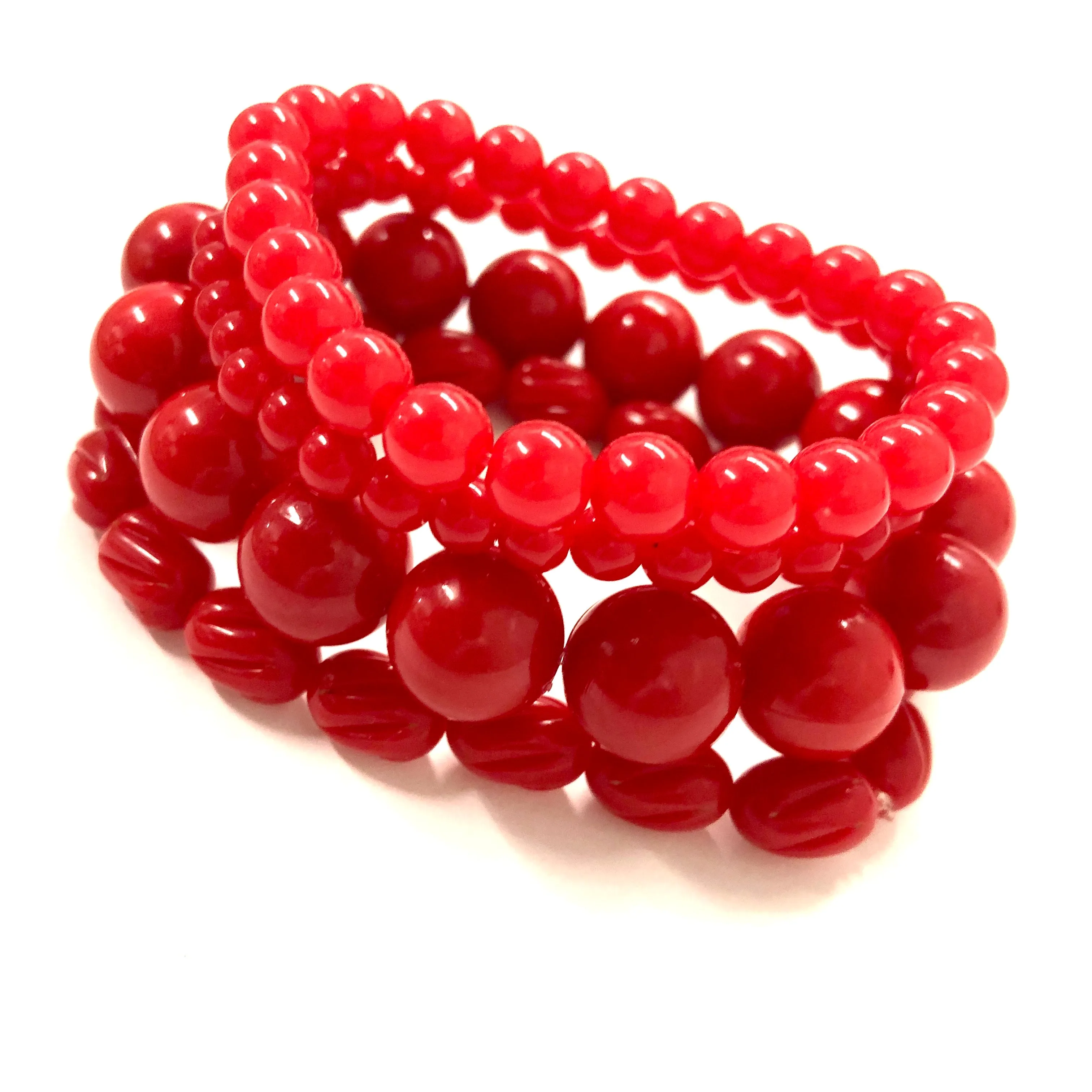 Bright Light Red Stack and Stretch Beaded Bracelets Set