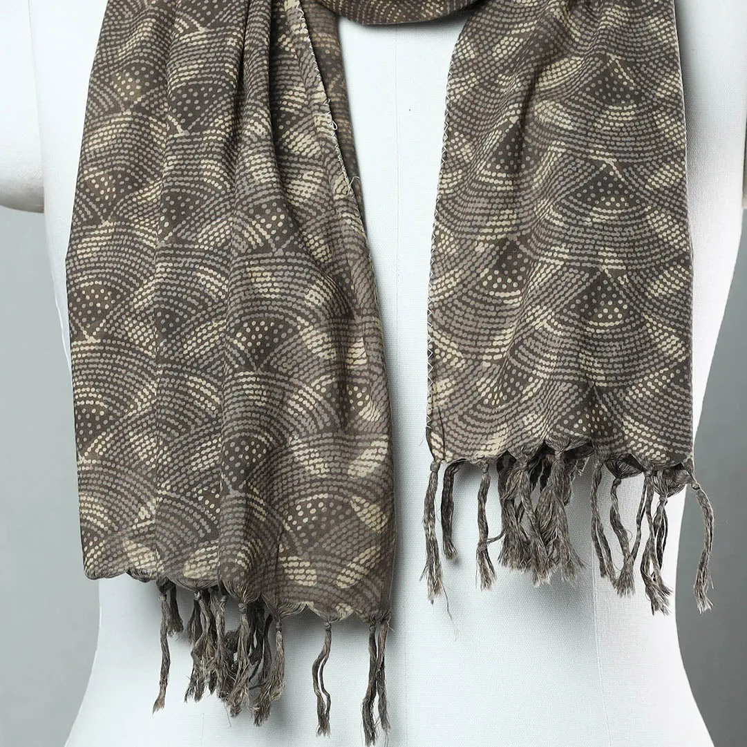 Brown - Sanganeri Block Printed Cotton Stole with Tassels 221