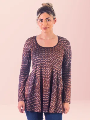 Brown Scoop Neck Long Sleeve Tunic Top