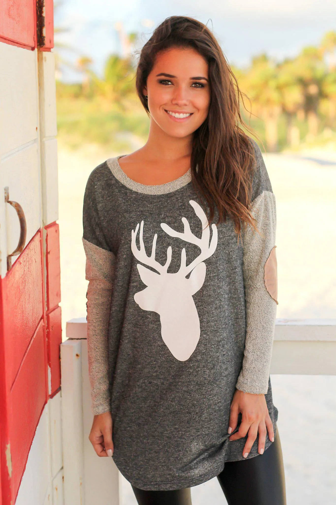 Charcoal Reindeer Top with Elbow Patches