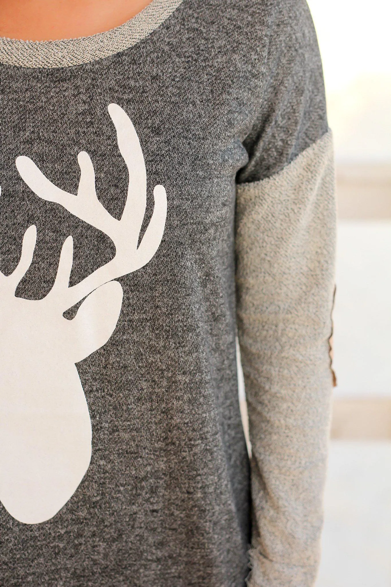 Charcoal Reindeer Top with Elbow Patches