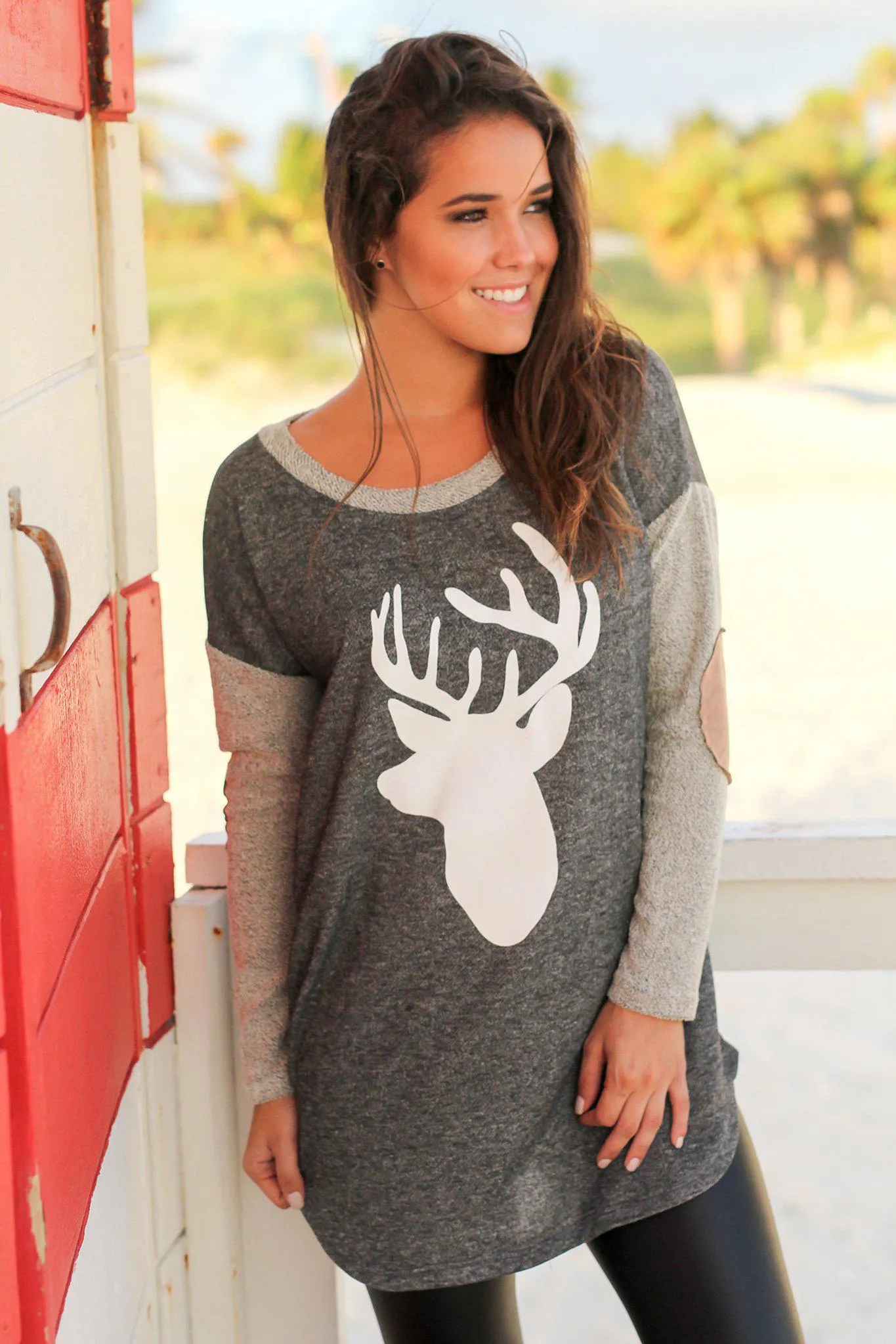 Charcoal Reindeer Top with Elbow Patches