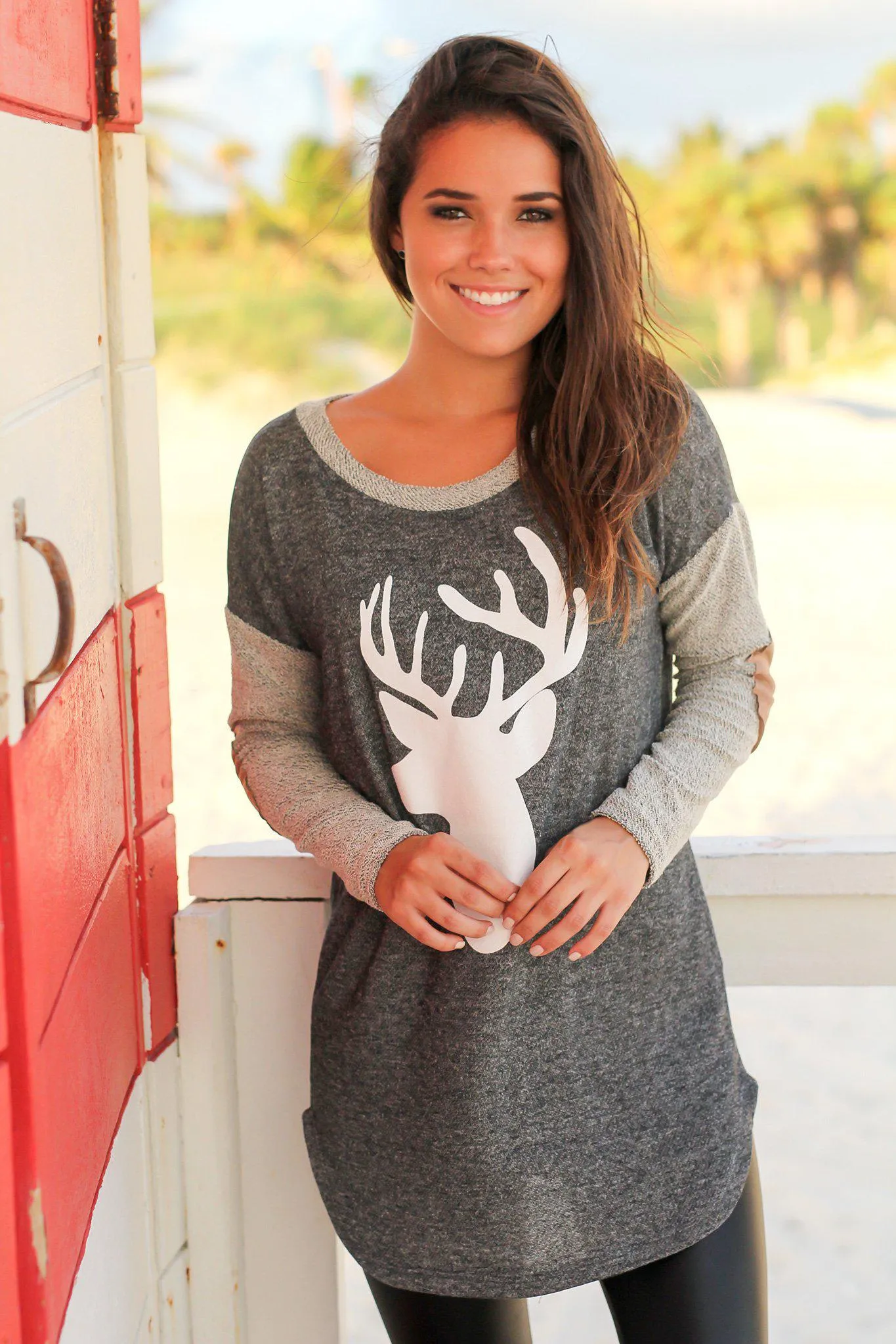 Charcoal Reindeer Top with Elbow Patches