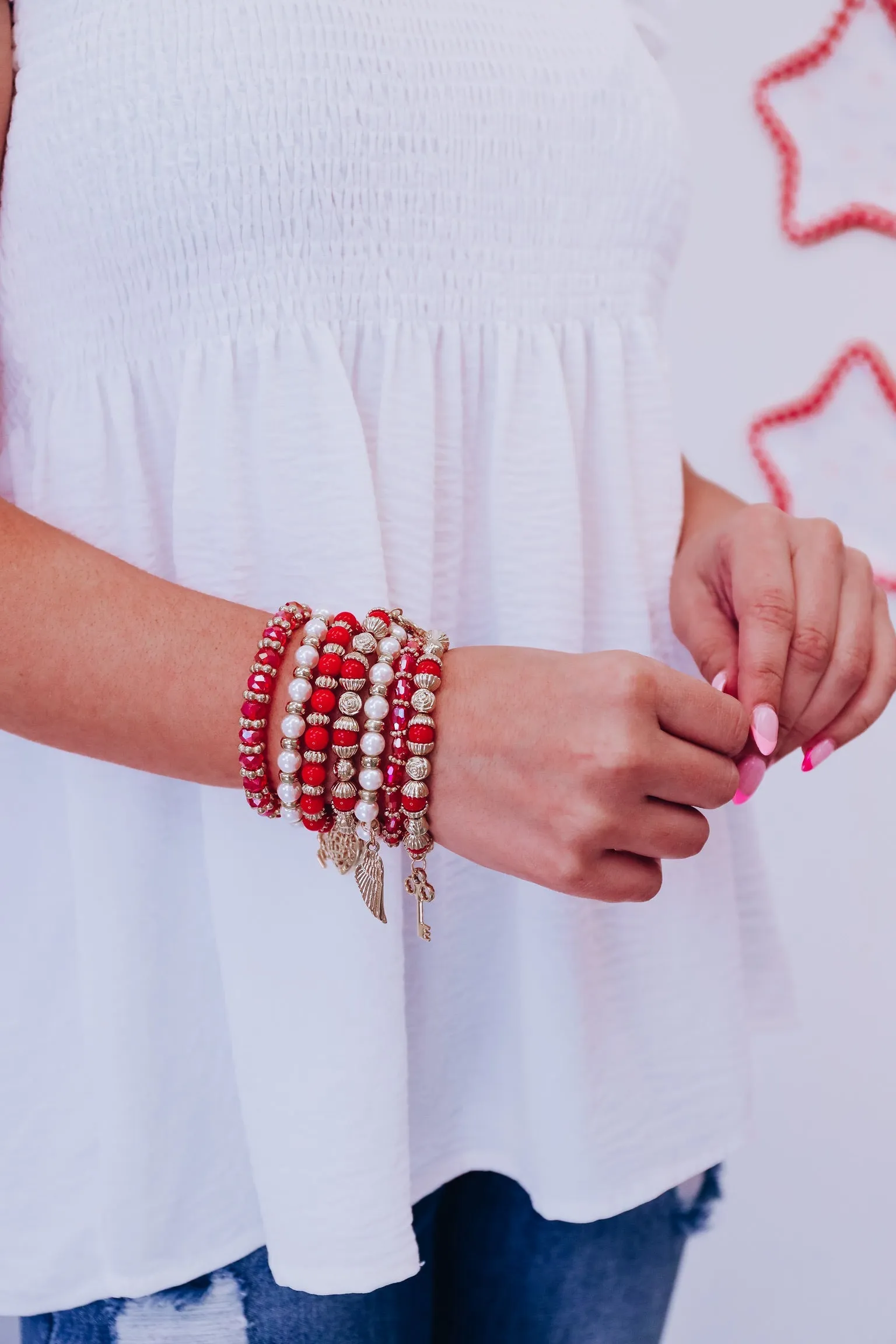 Charming Crystal And Pearl Bracelet Set - Red