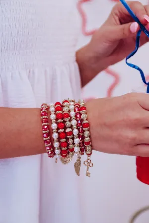 Charming Crystal And Pearl Bracelet Set - Red