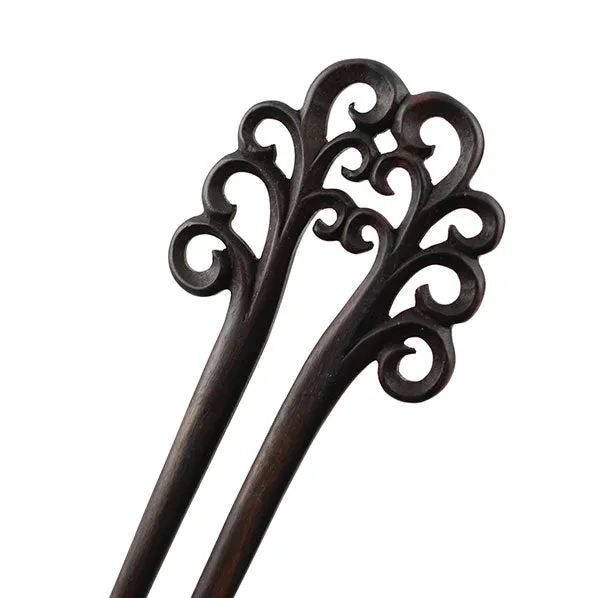 CrystalMood Handmade Carved Wood 2-Prong Hair Stick Fork Filigree Ebony