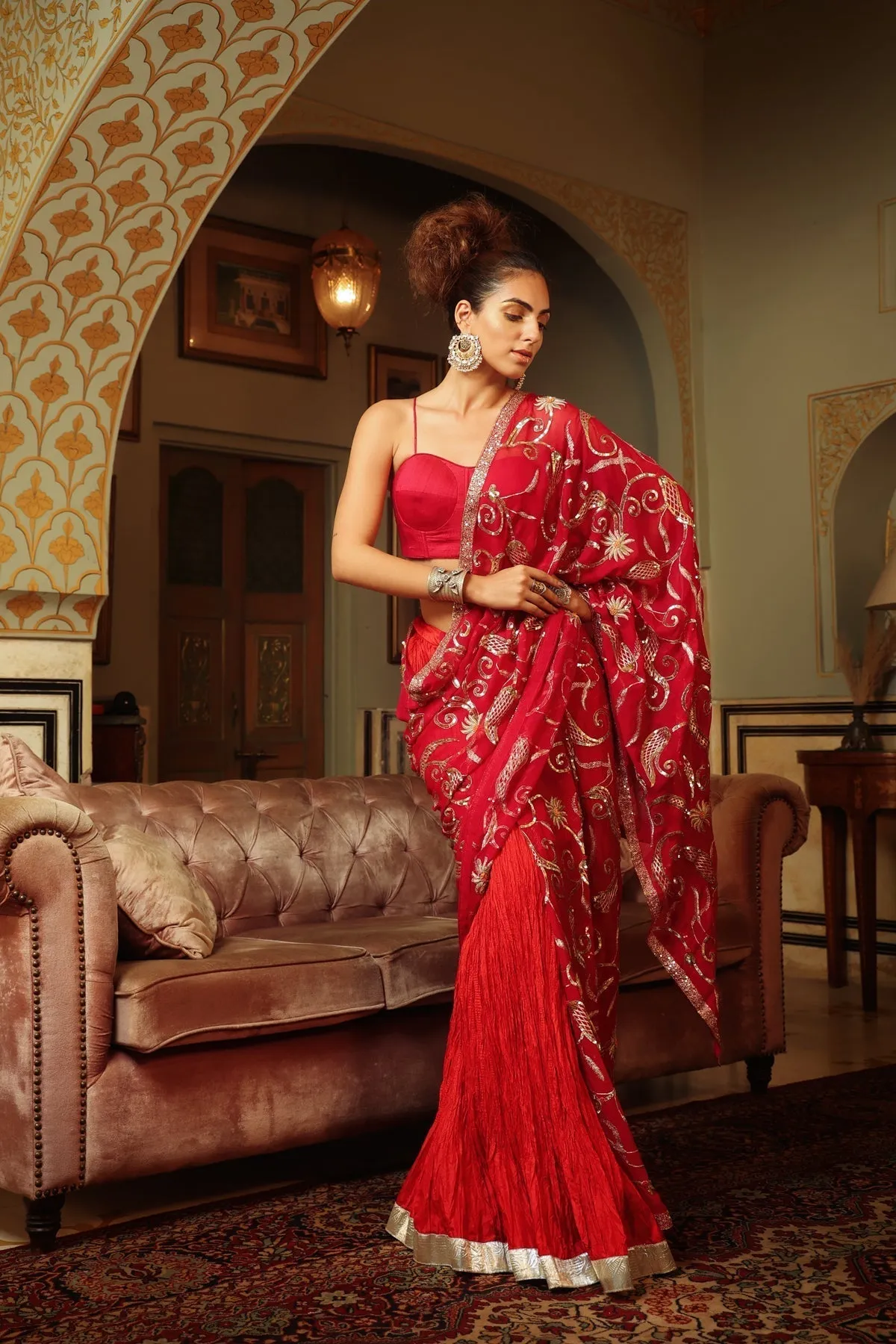 Dilruba rose red sitara saree with crush lehenga and corset blouse