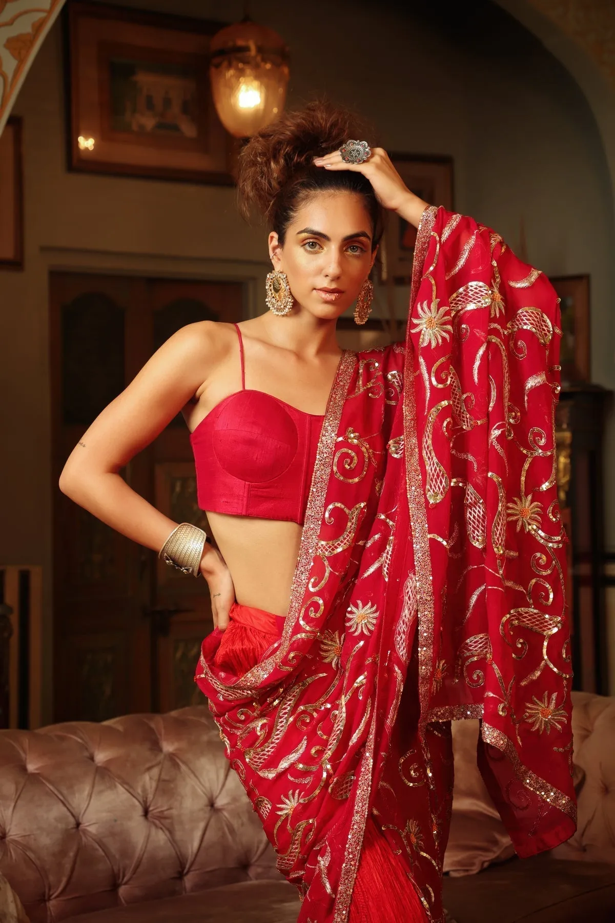 Dilruba rose red sitara saree with crush lehenga and corset blouse