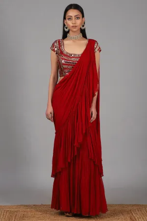 Embroidered Red Pre Stitched Saree Set