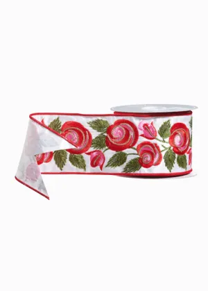 Embroidered roses ribbon pink and red