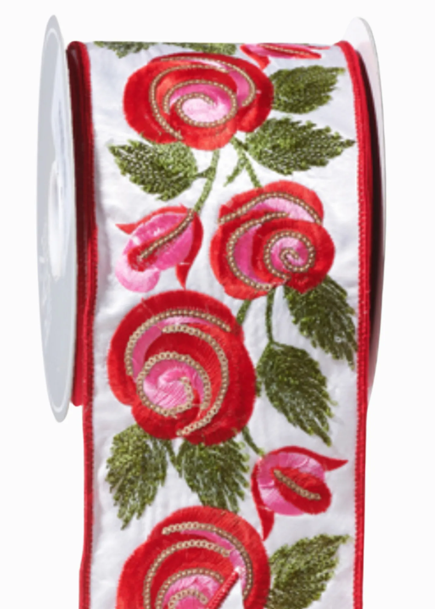 Embroidered roses ribbon pink and red