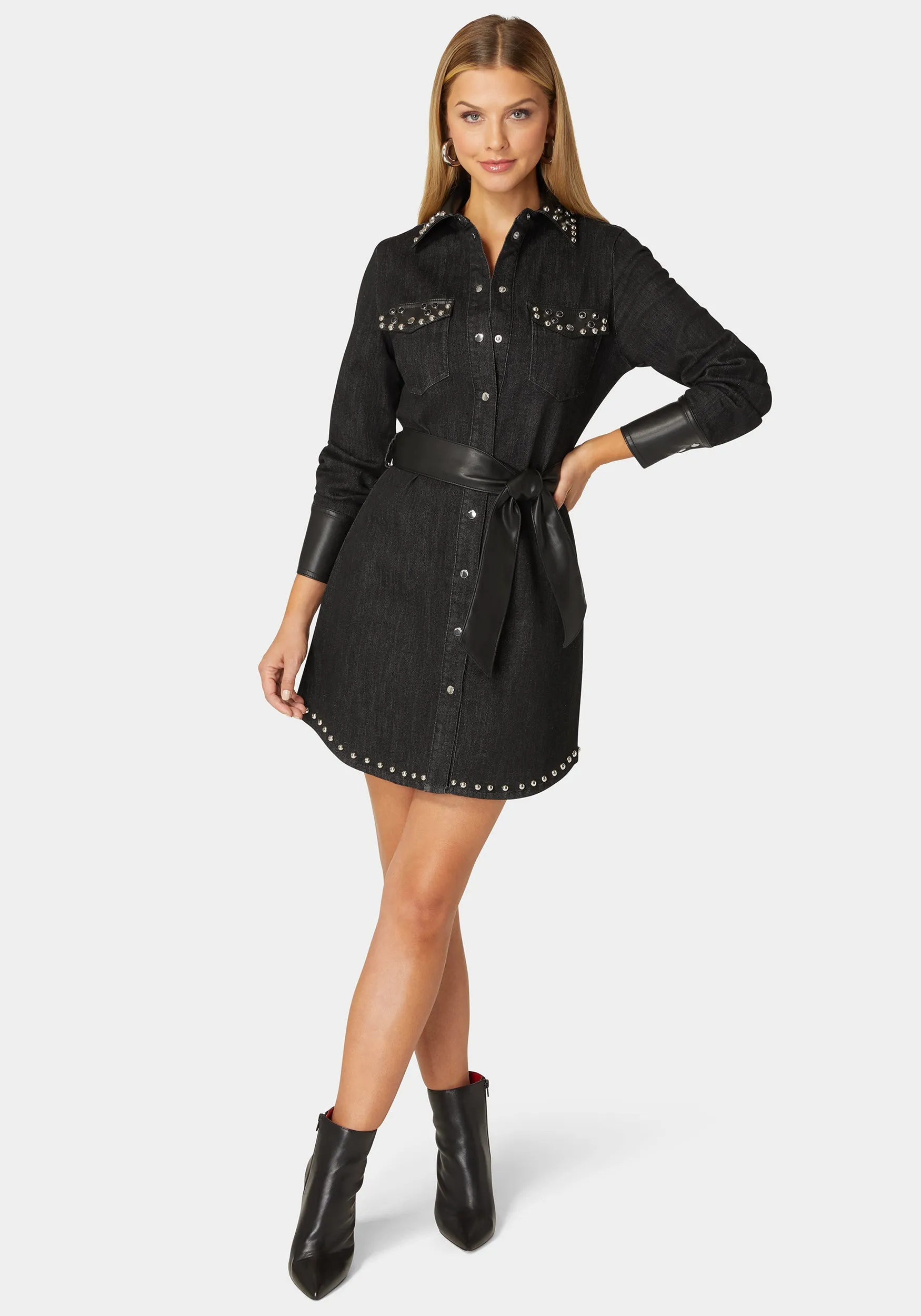 Fitted Combo Vegan Leather Studded Denim Shirt Dress