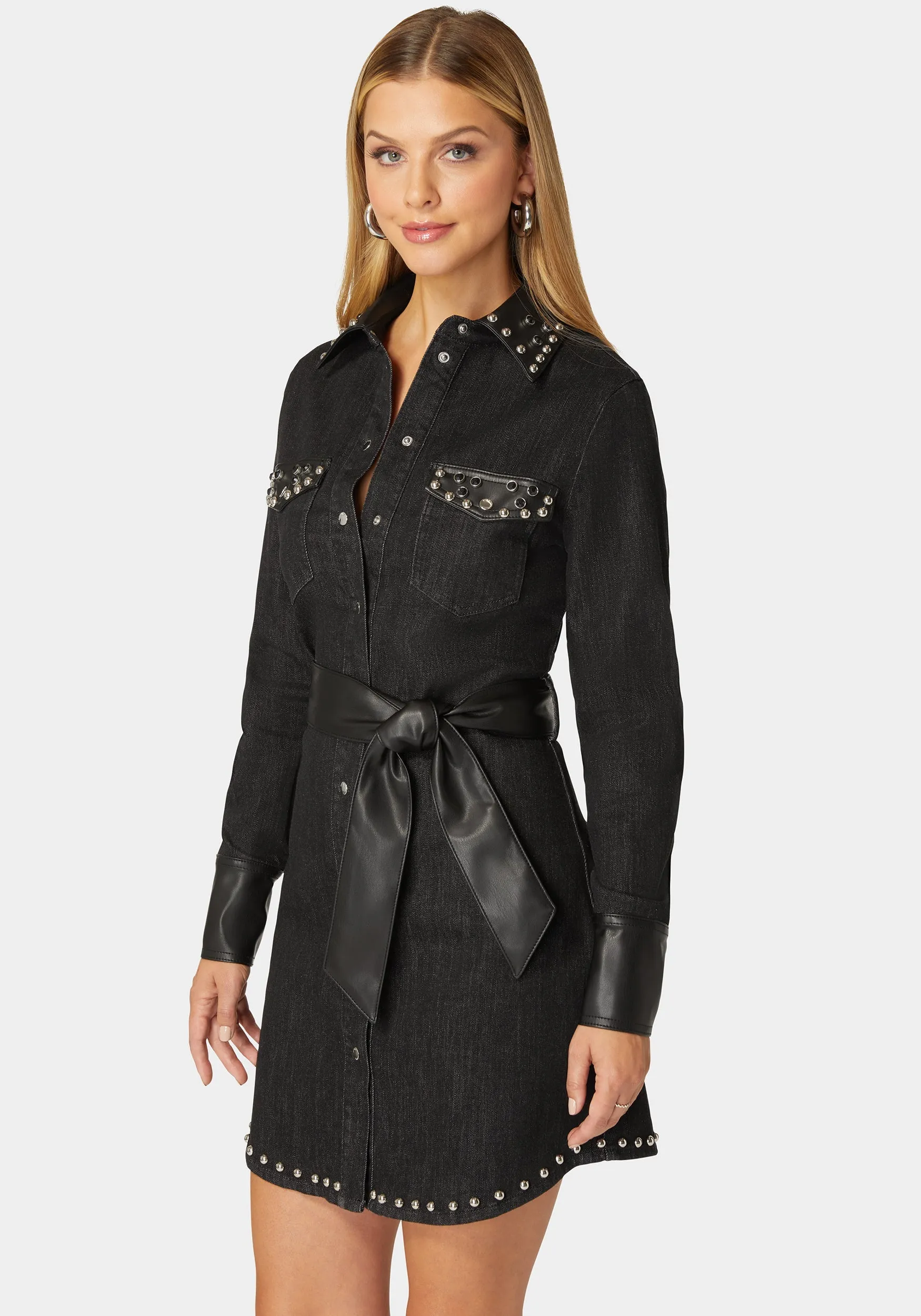 Fitted Combo Vegan Leather Studded Denim Shirt Dress