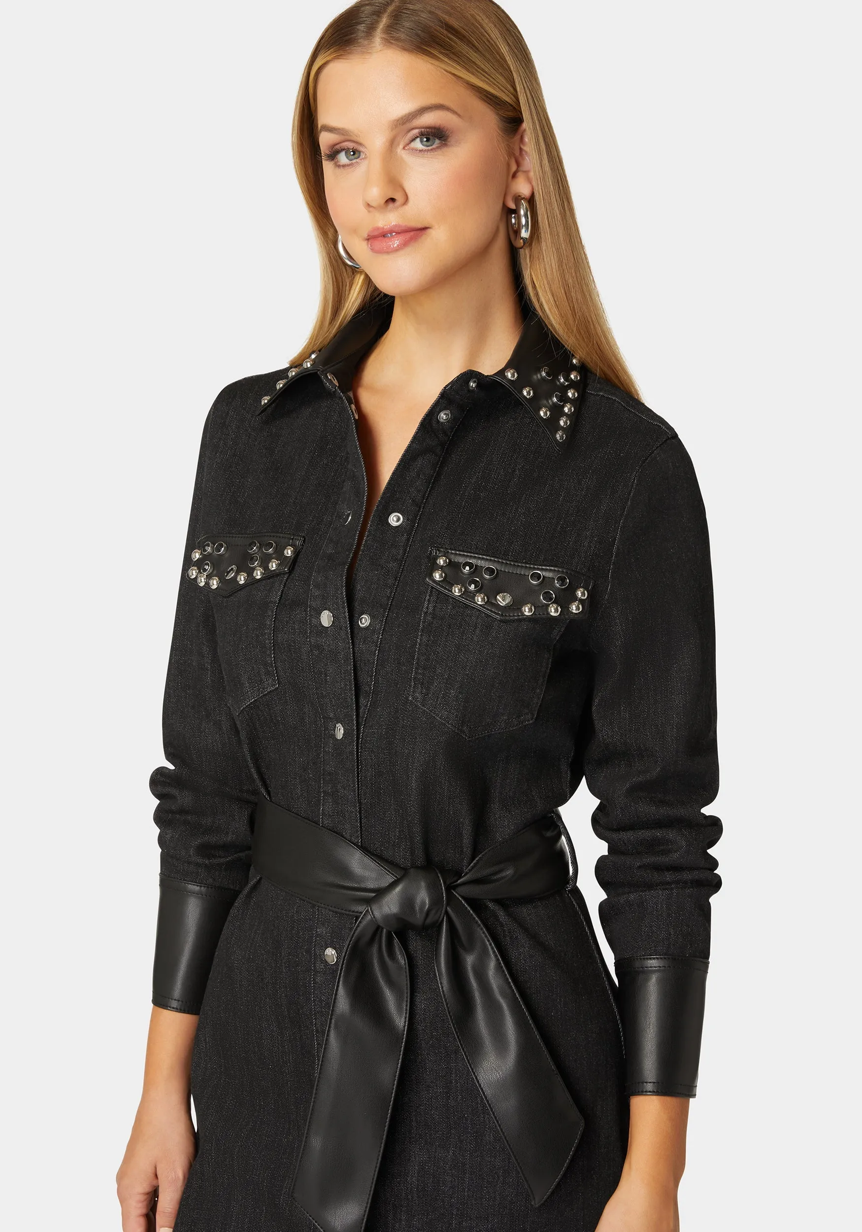 Fitted Combo Vegan Leather Studded Denim Shirt Dress