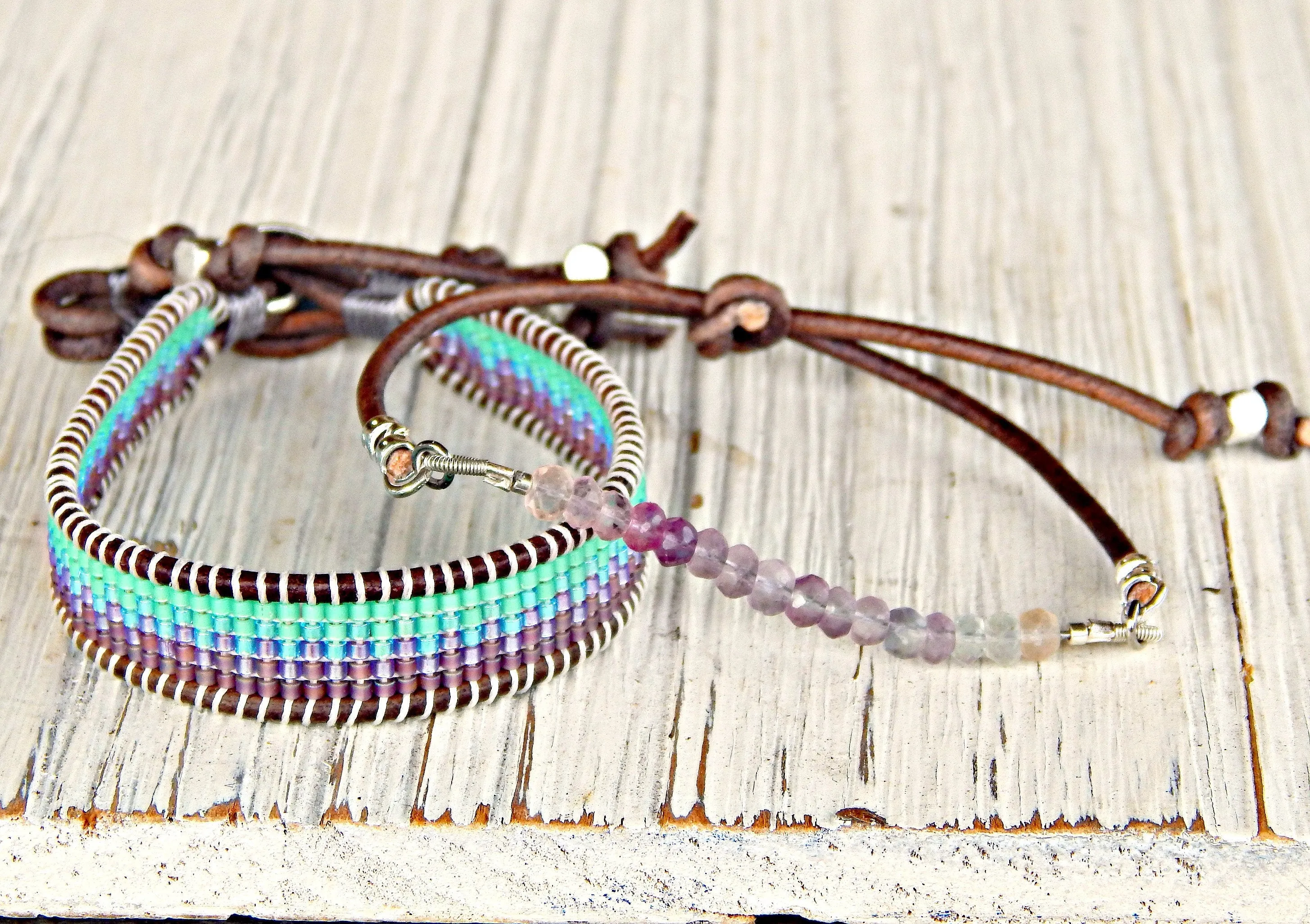 Flurite and Mint to Purple Ombre Loom Beaded Bracelet Set, birthday gift for her, boho jewelry set, chakra bracelet