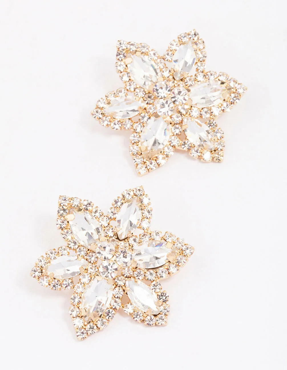 Gold Flower Diamante Stud Earrings