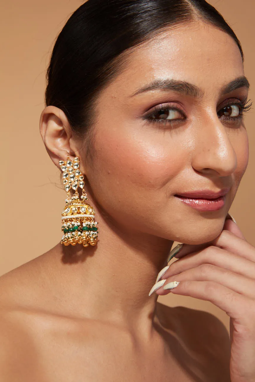 Gold Plated Kundan Studded With Beads Drop Jhumka Earrings