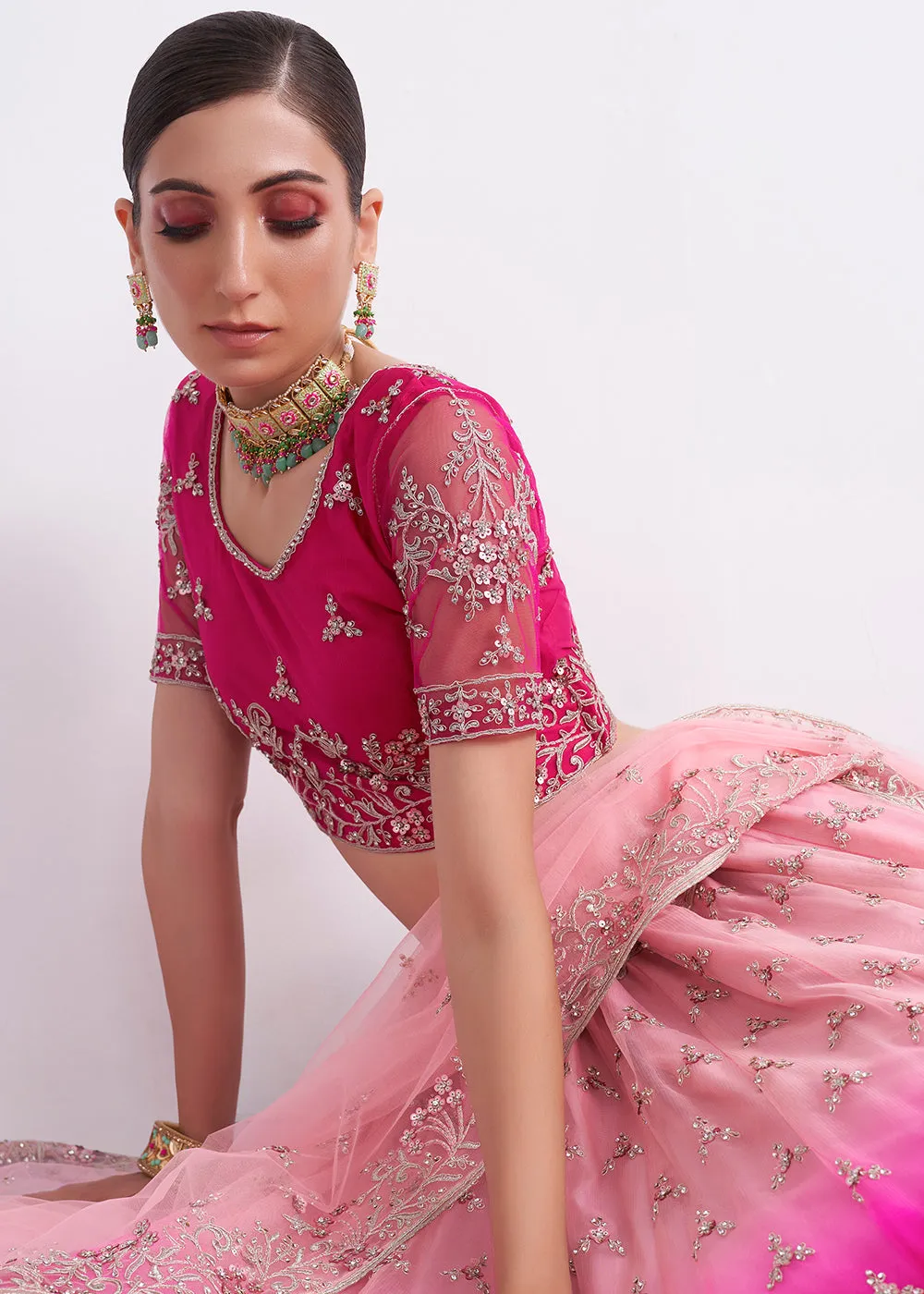 Gorgeous Shaded Pink Heavy Embroidered Bridal Lehenga Choli