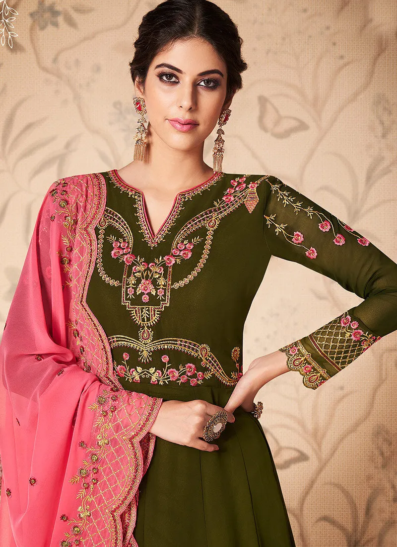 Green And Pink Embroidered Anarkali Suit