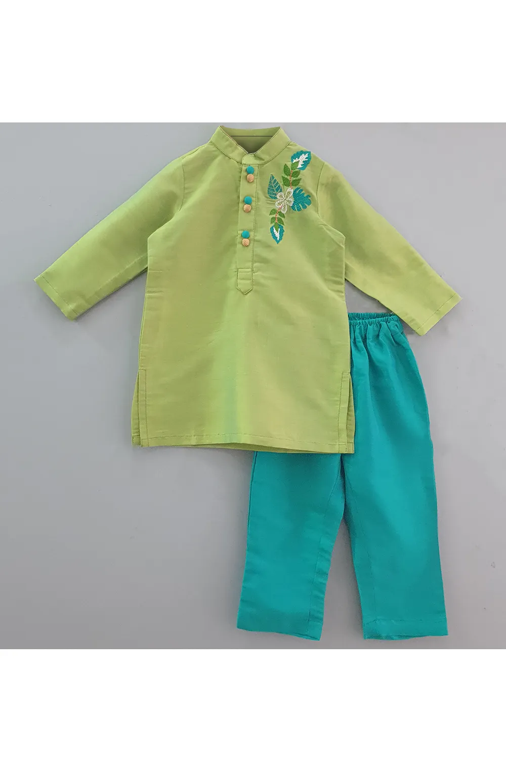 Green embroidered kurta with sky blue pyjama