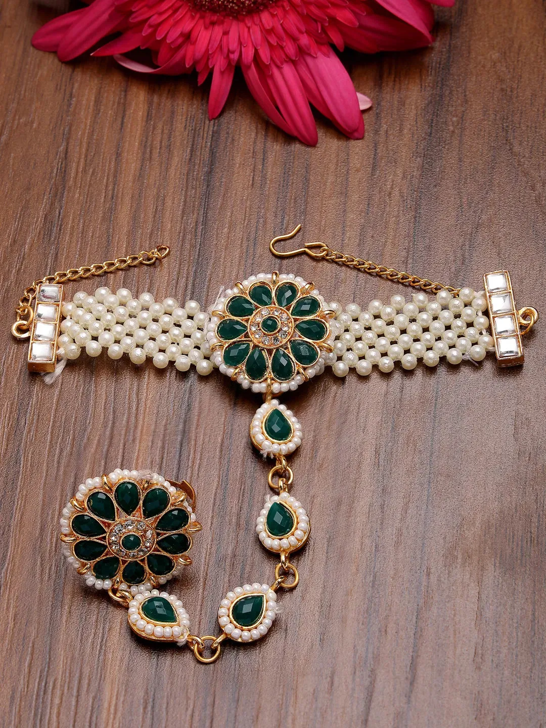 Green Gold-Plated Stone Studded Handcrafted Ring Bracelet