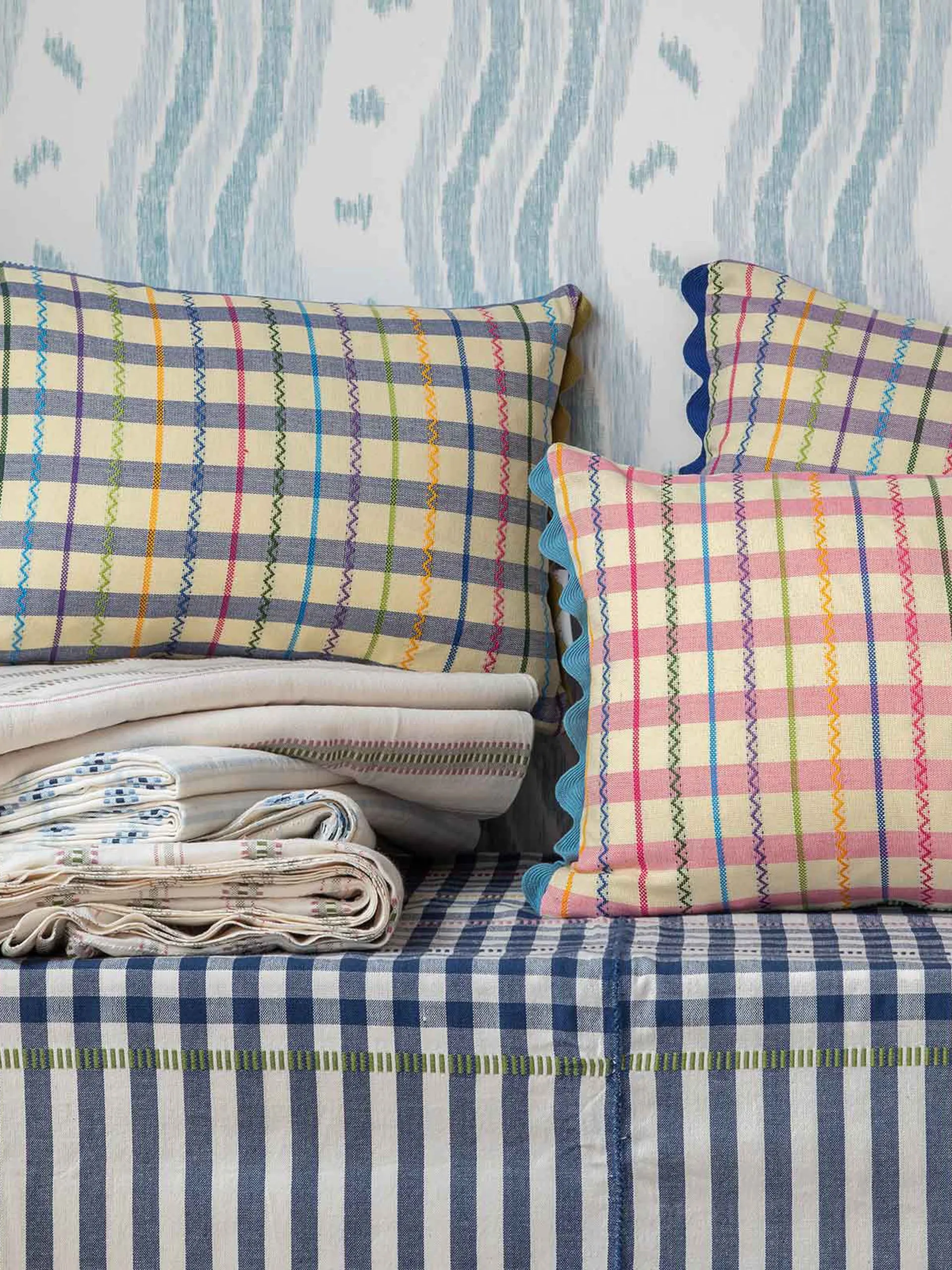 Guatemalan pink gingham and green reversible oblong cushion