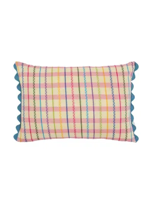 Guatemalan pink gingham and green reversible oblong cushion