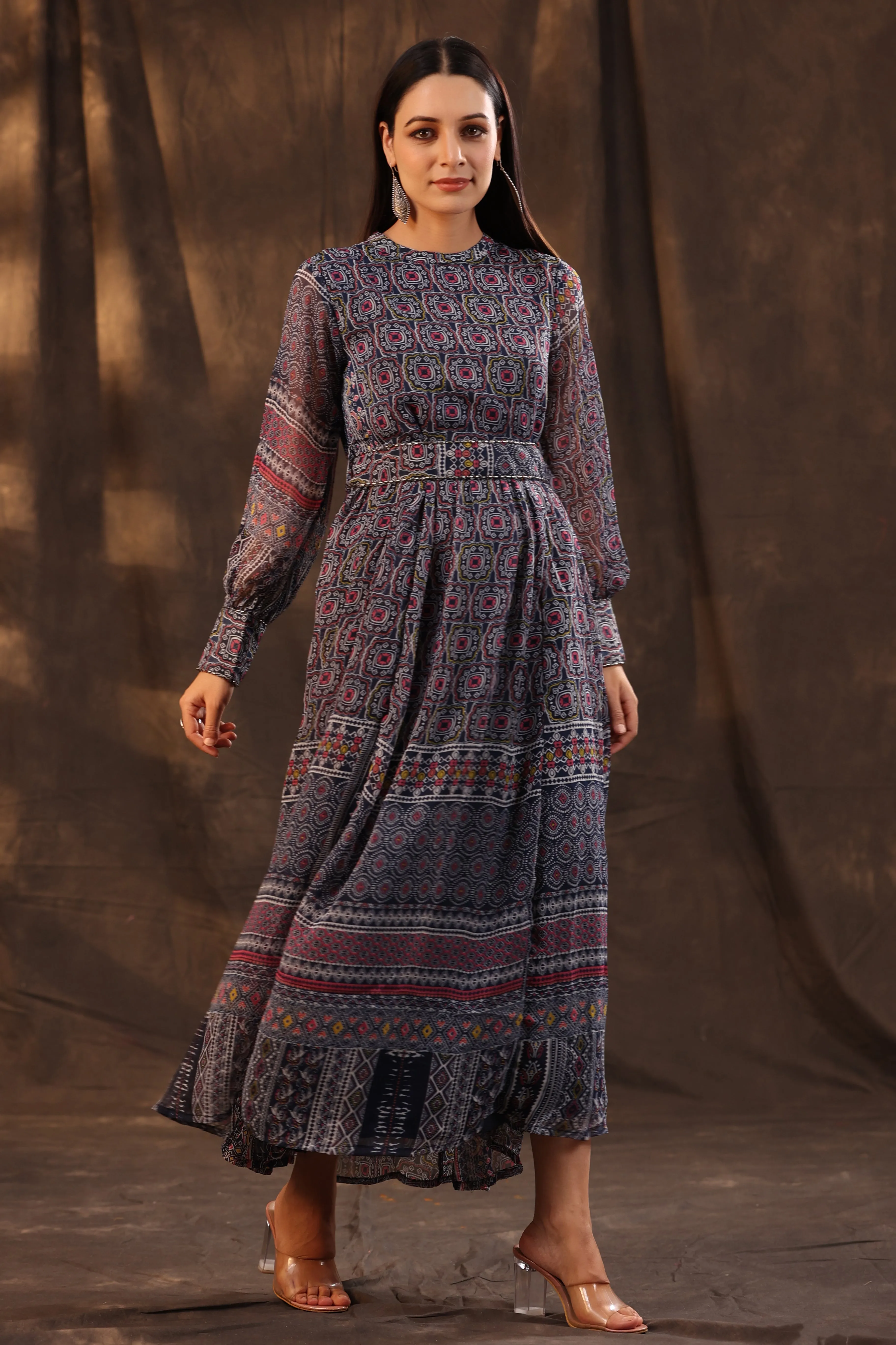 Jashvi Navy Blue Geometric Printed Chiffon Flared Maxi Dress With Buttons.