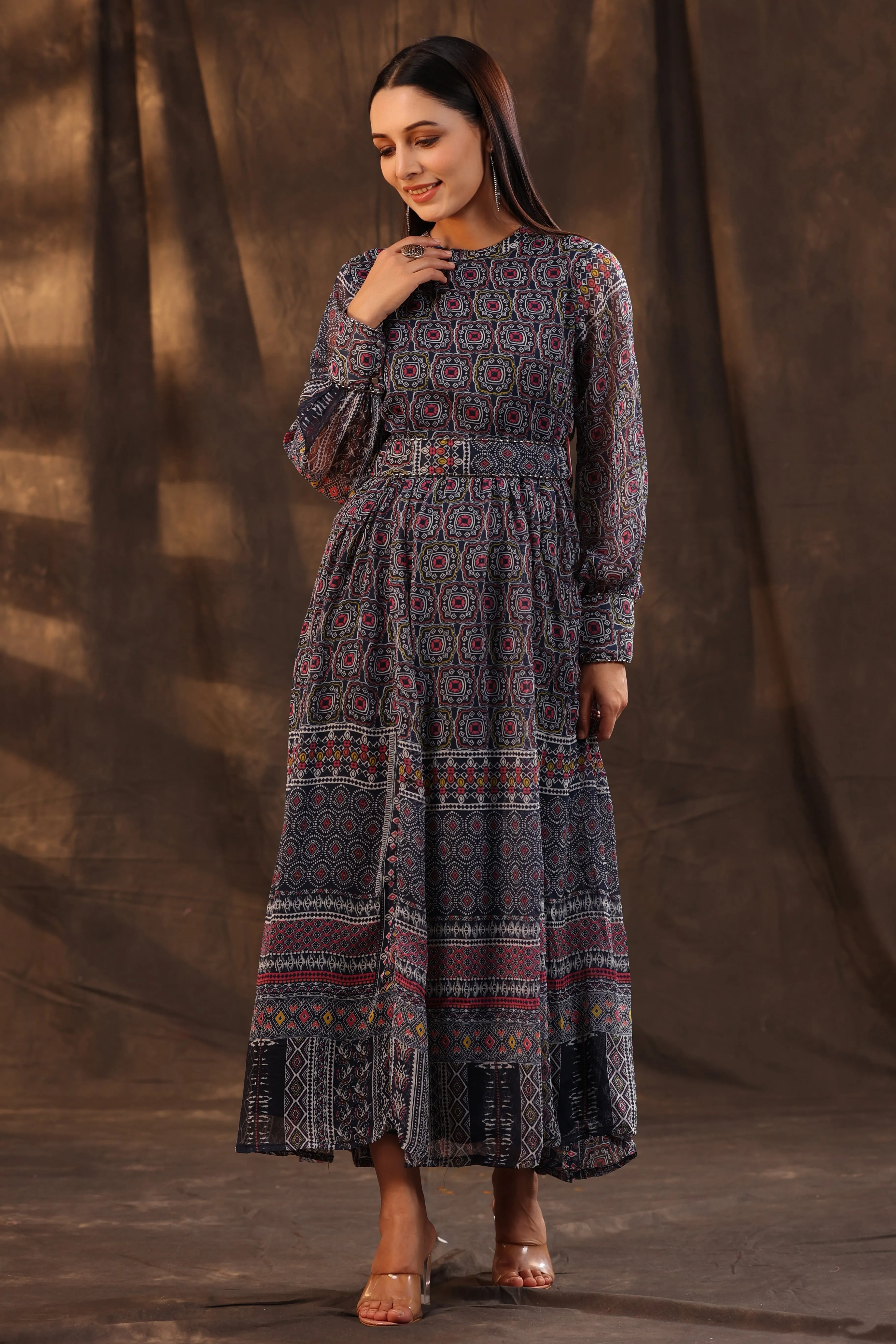 Jashvi Navy Blue Geometric Printed Chiffon Flared Maxi Dress With Buttons.