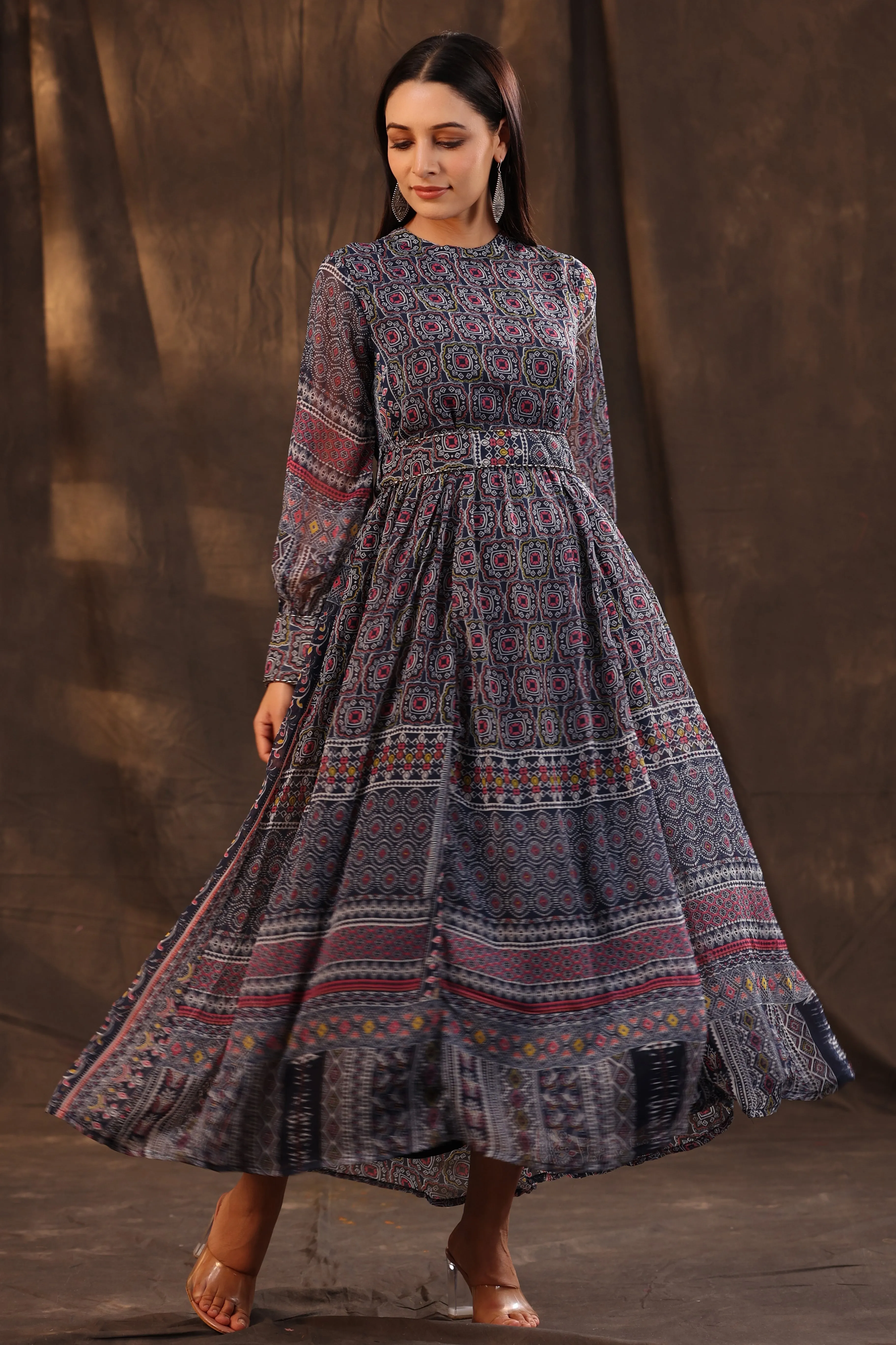 Jashvi Navy Blue Geometric Printed Chiffon Flared Maxi Dress With Buttons.