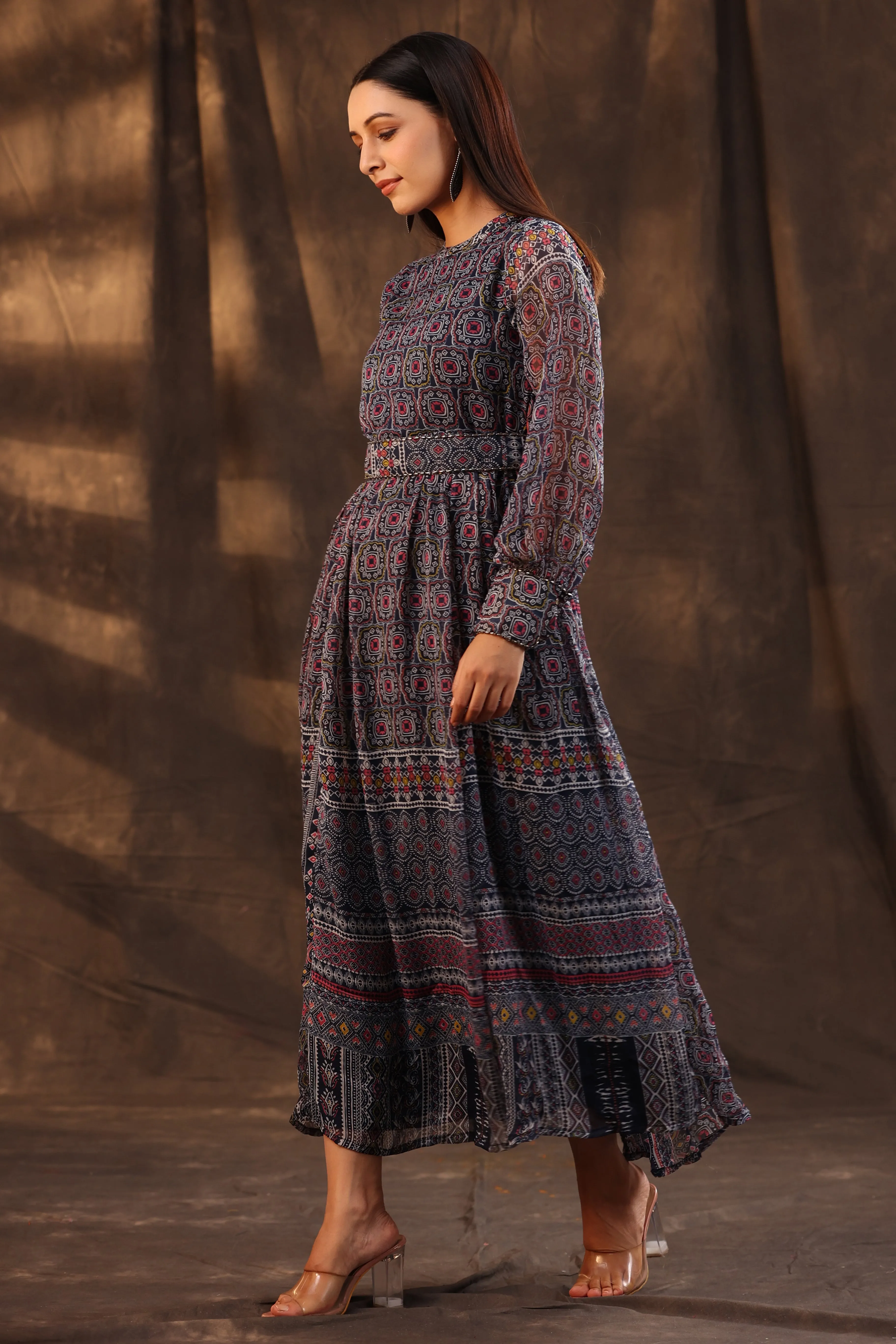 Jashvi Navy Blue Geometric Printed Chiffon Flared Maxi Dress With Buttons.