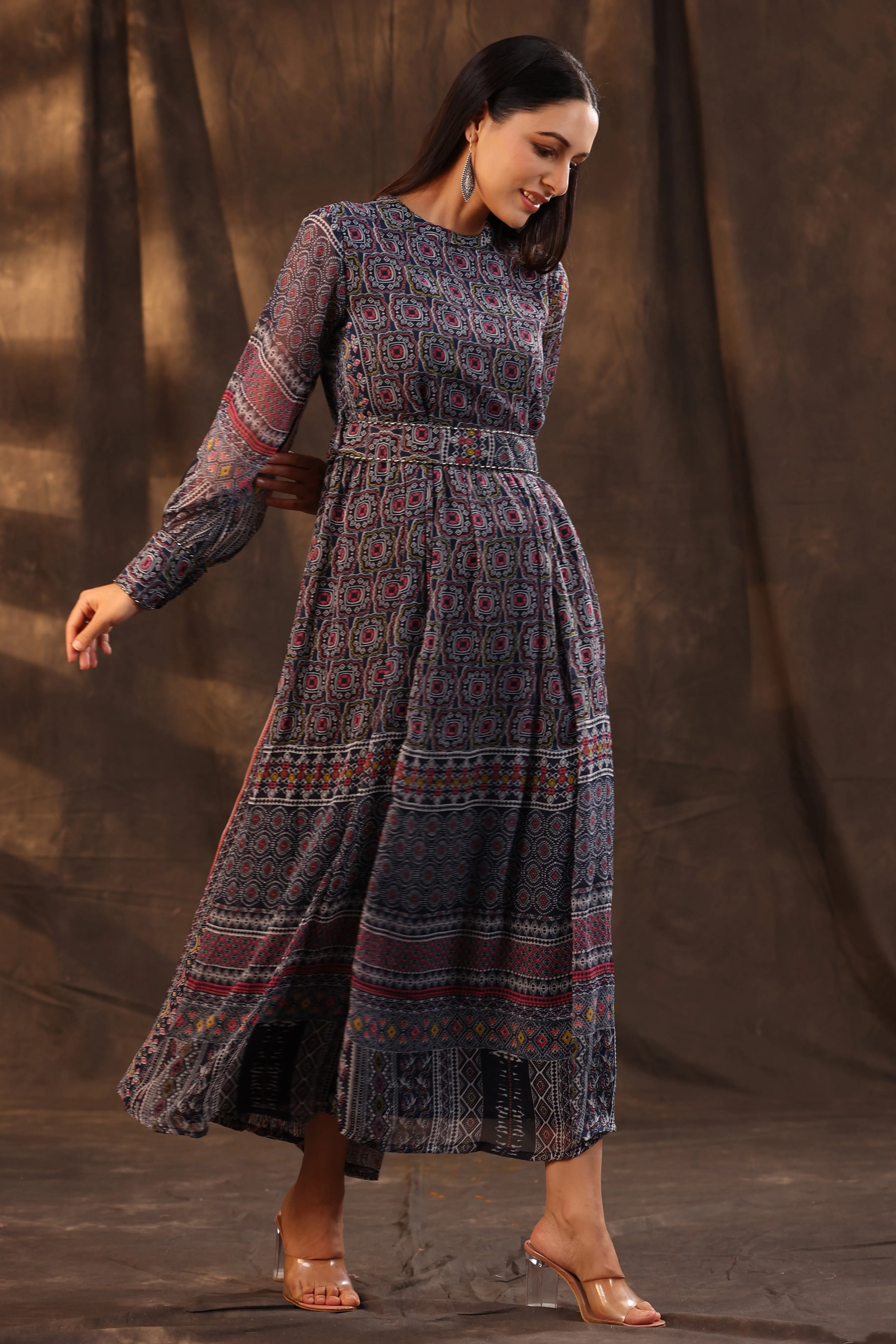 Jashvi Navy Blue Geometric Printed Chiffon Flared Maxi Dress With Buttons.