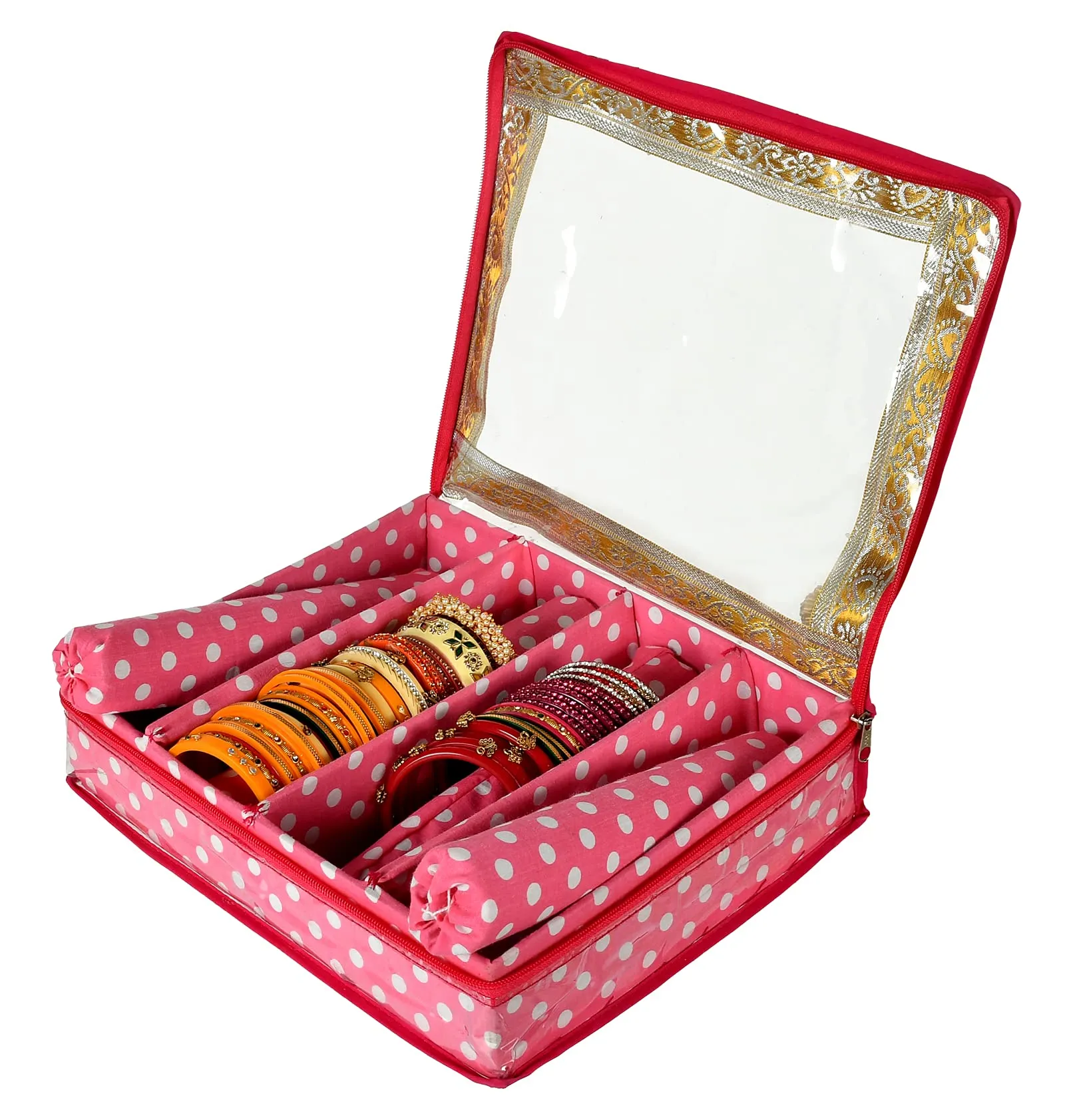 Kuber Industries Dot Printed Laminated 4 Rod Bangle Box/Organizer With Transparent Top (Pink)-HS43KUBMART25542